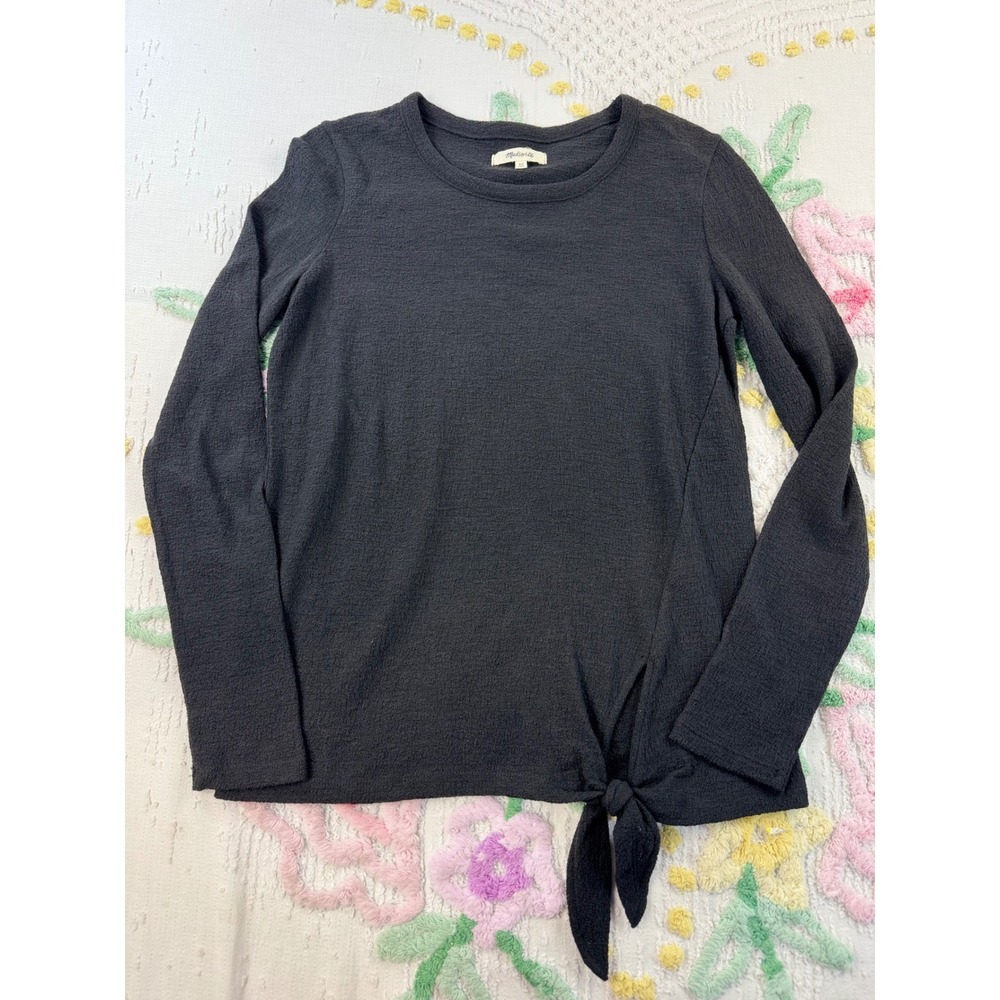 Madewell Womens Side Tie Crewneck Long Sleeve Textured Cotton‎ Top Black XS